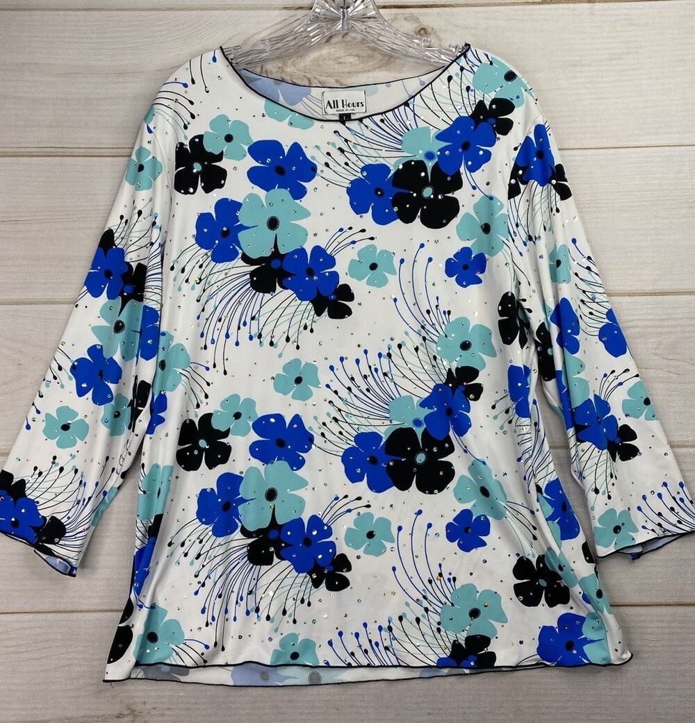 All Hours Womens Top L Floral Studded Liquid Knit 3/4 Sleeve Slinky USA Made